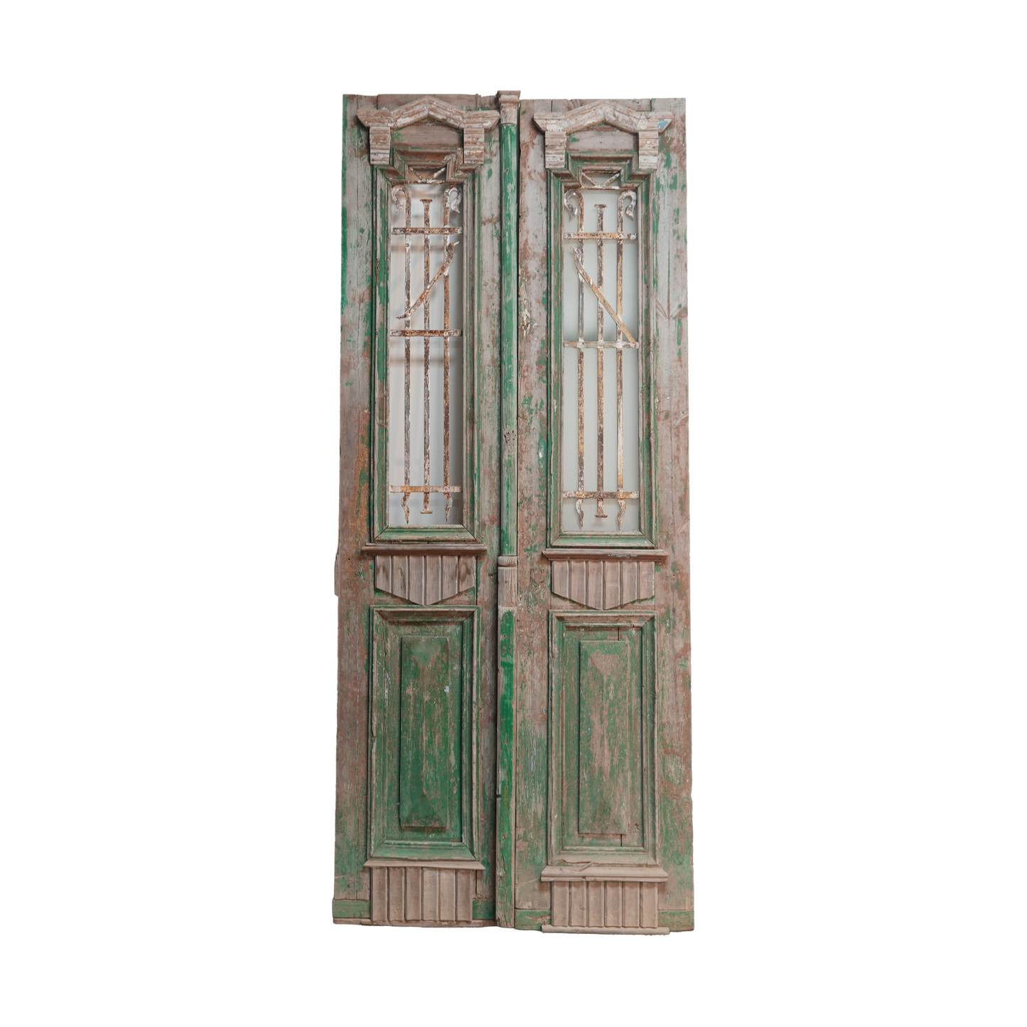 Pair of vintage wooden doors with green accents on a white background