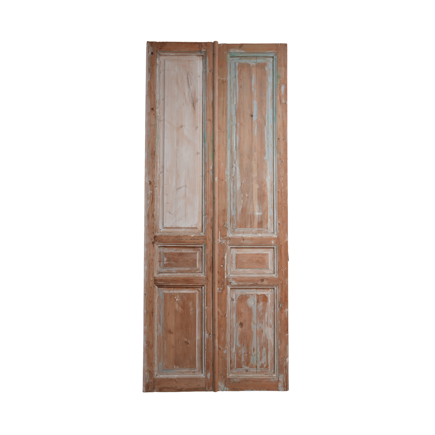 Pair of wooden doors with a distressed finish on a white background