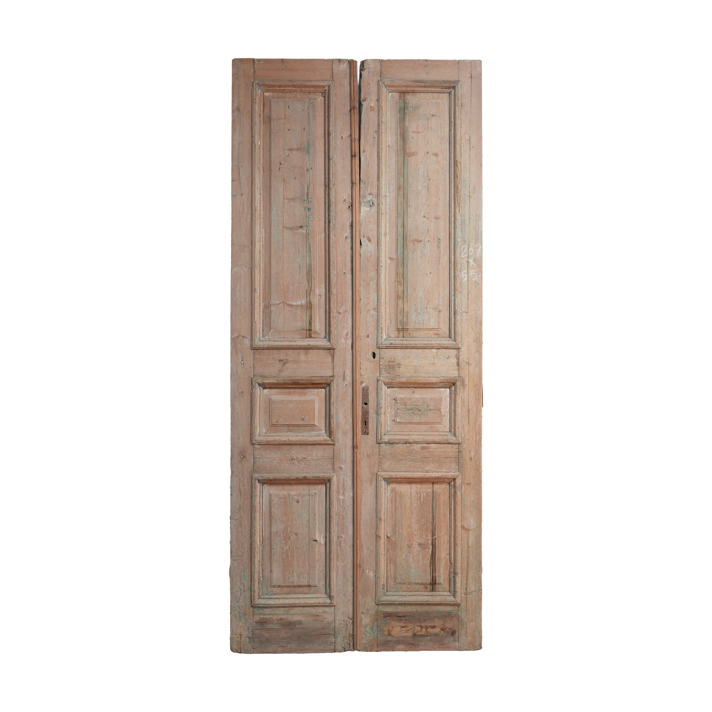 Pair of wooden doors with a rustic finish on a white background