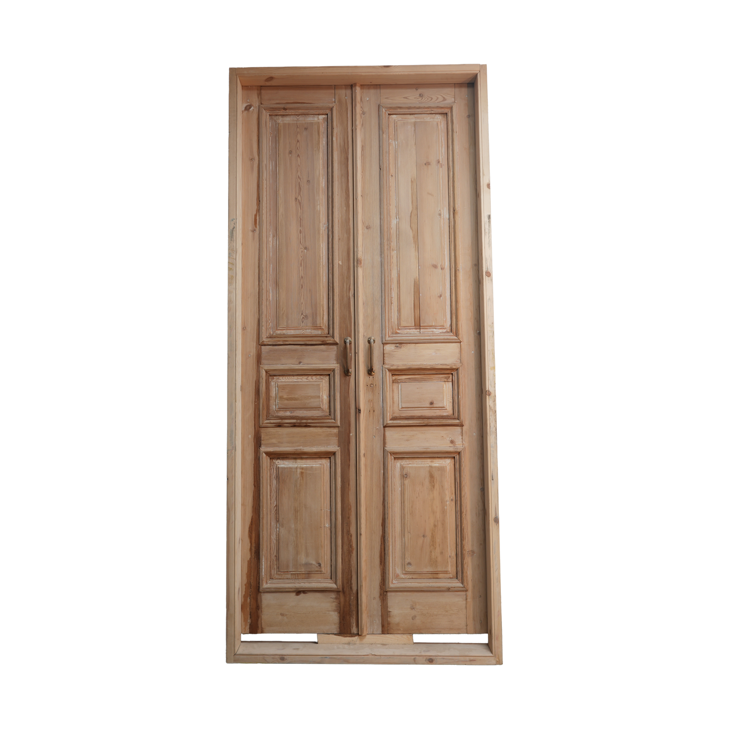Wooden double door with panel design on a white background