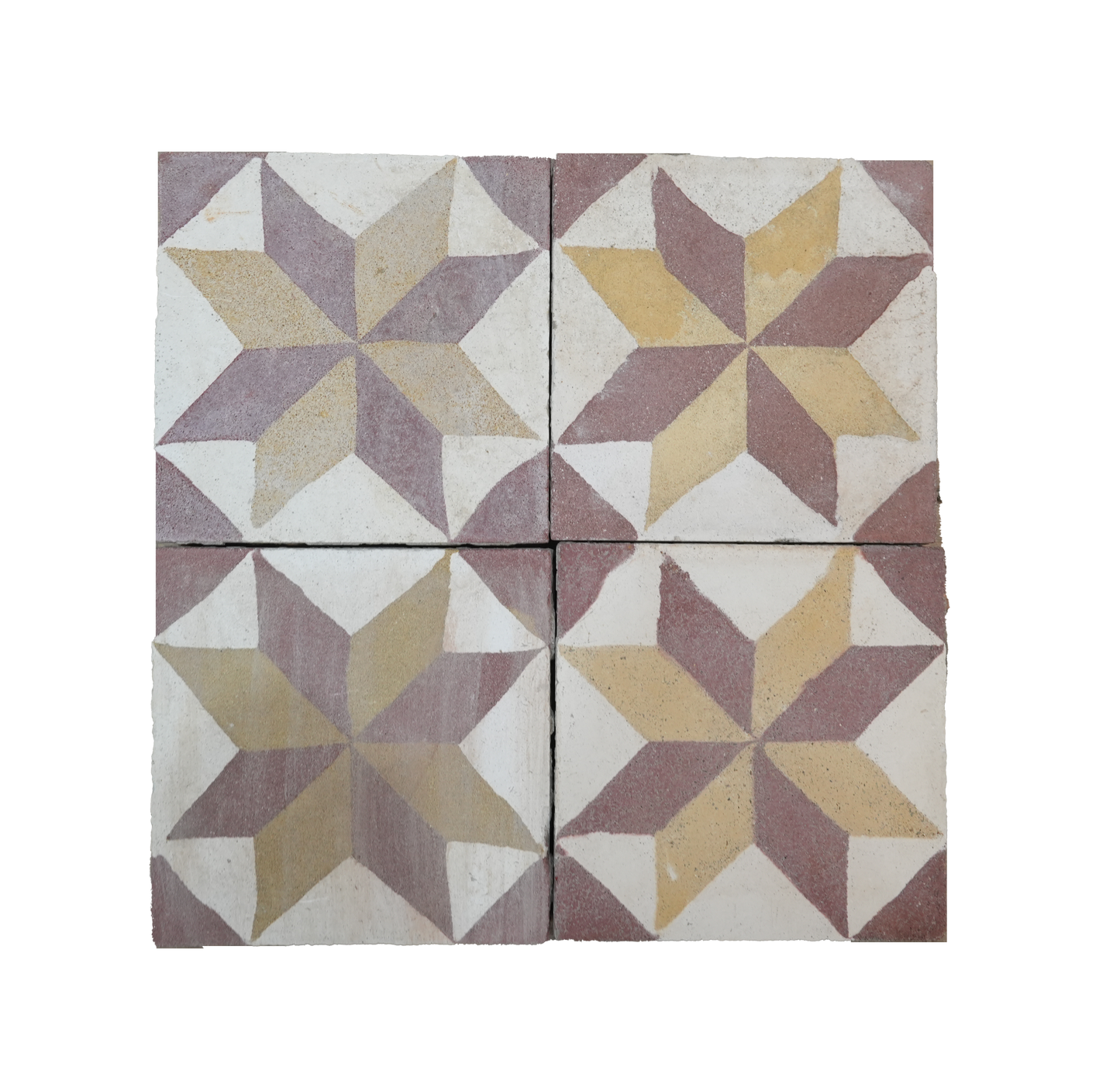 Four square tiles with geometric star pattern on a white background