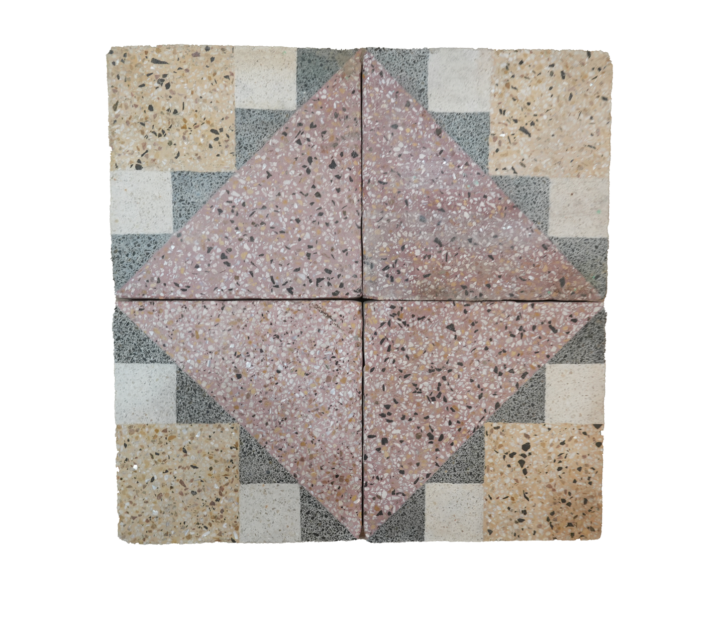 Terrazzo tiles with a geometric pattern on a white background