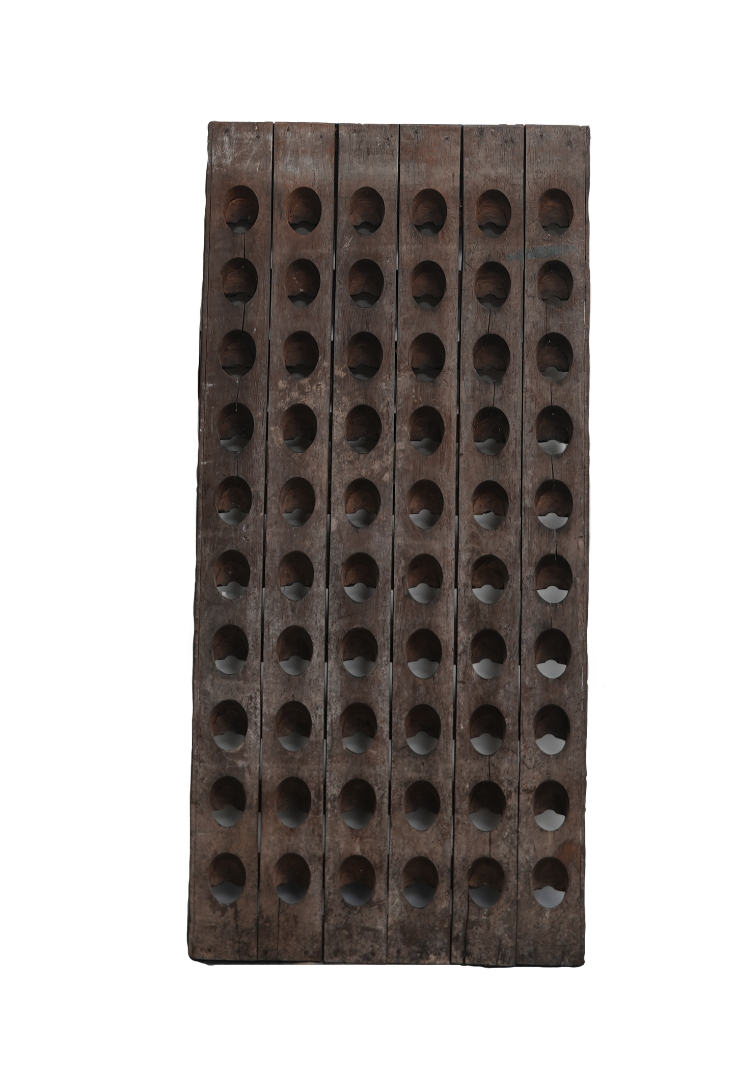 Wooden wine rack with multiple holes on a white background