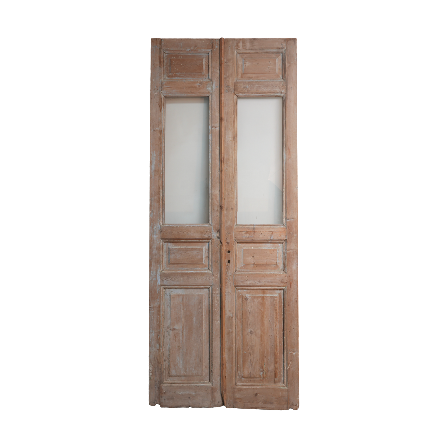 Pair of wooden doors with glass panels on a white background