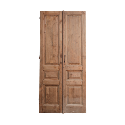 Pair of wooden doors with a rustic finish on a white background