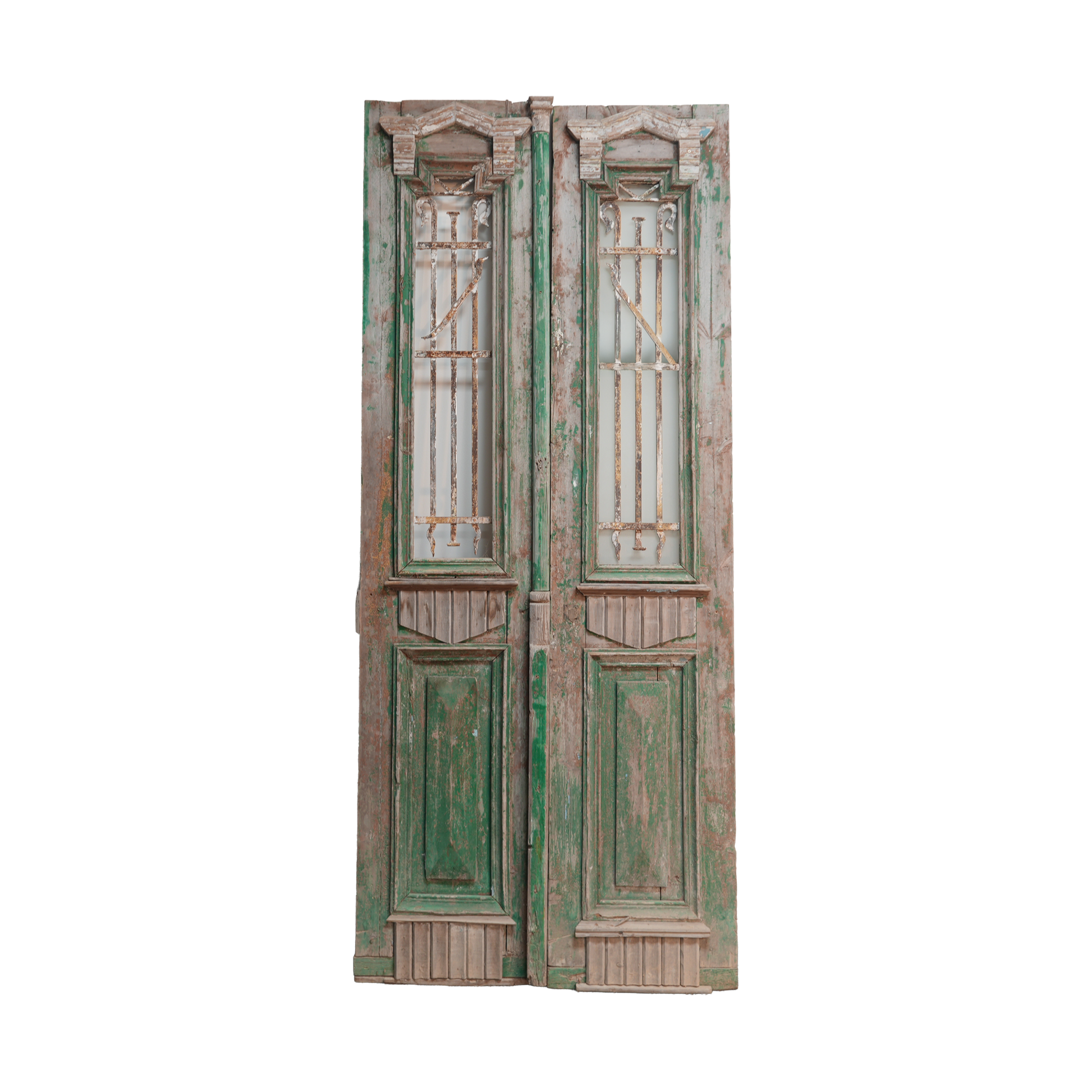 Pair of vintage wooden doors with green accents on a white background