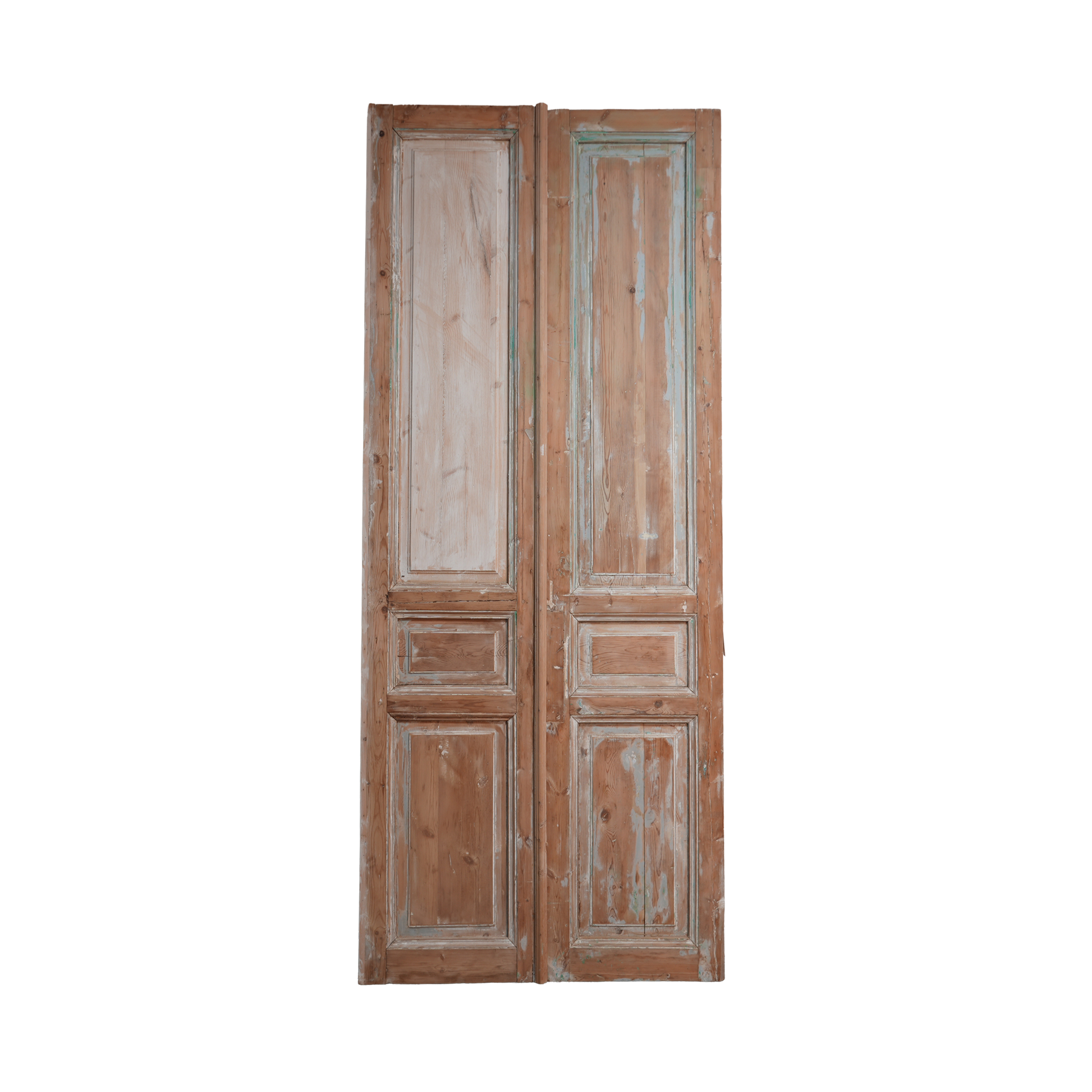 Pair of wooden doors with a distressed finish on a white background