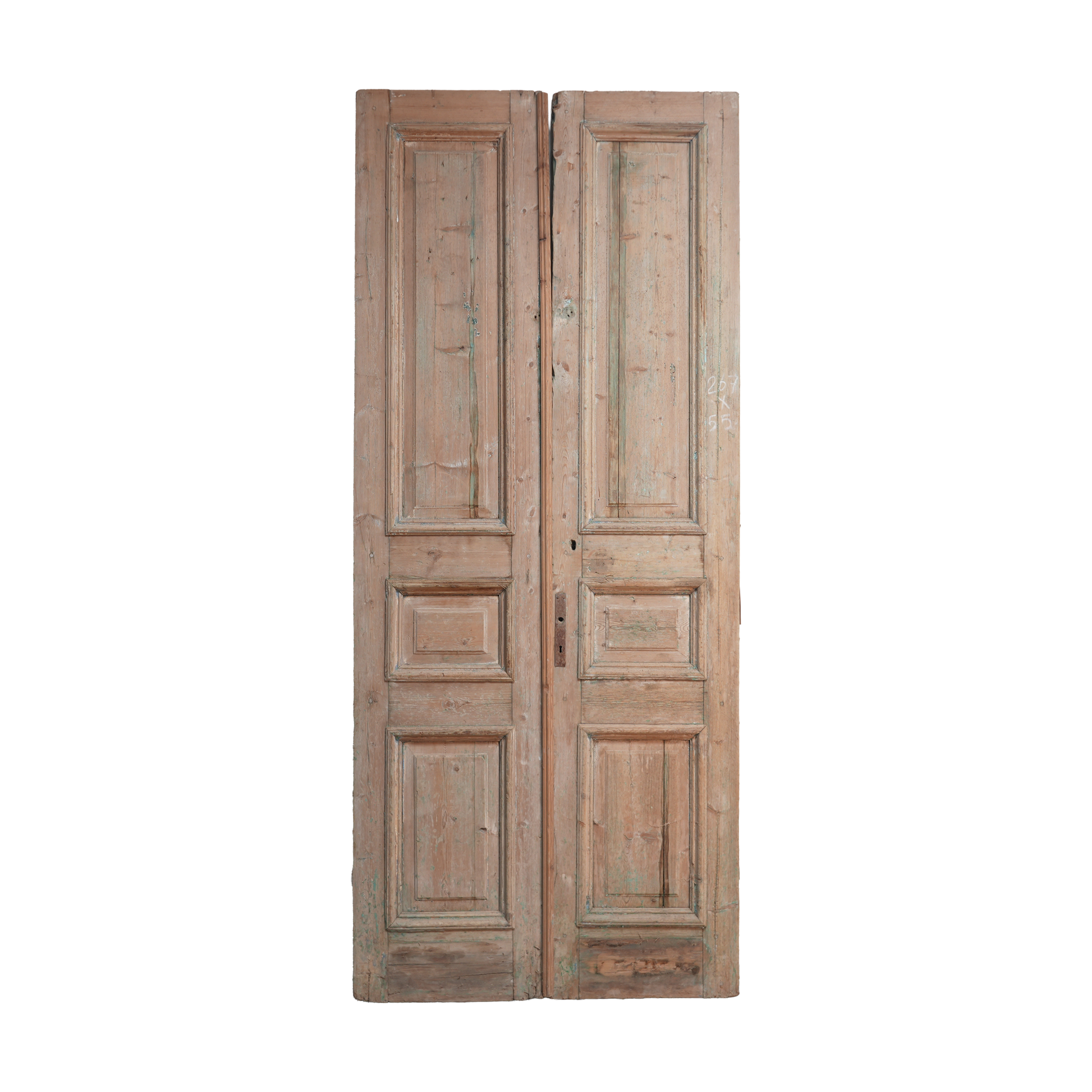 Pair of wooden doors with a rustic finish on a white background