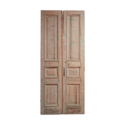Pair of wooden doors with a rustic finish on a white background