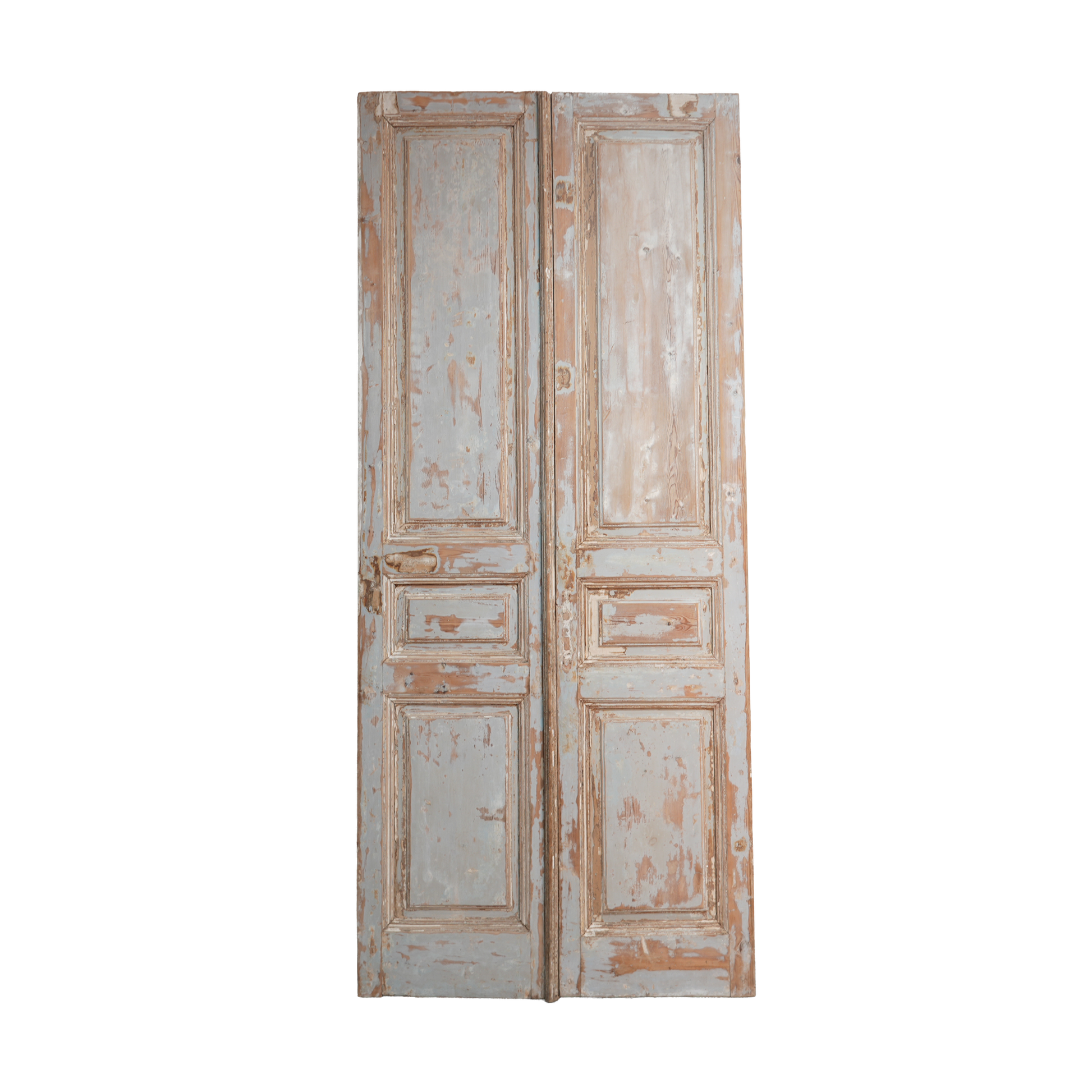 Pair of vintage wooden doors with a weathered finish on a white background