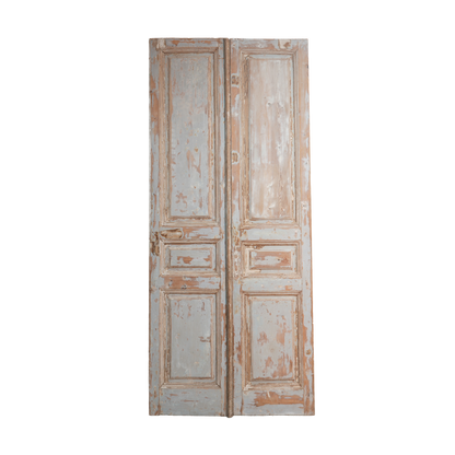 Pair of vintage wooden doors with a weathered finish on a white background