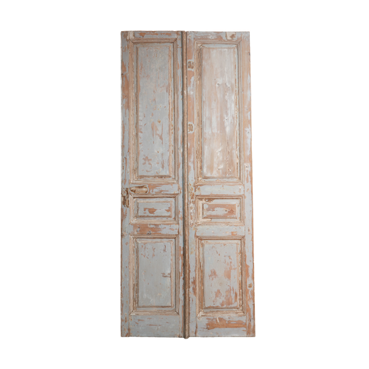 Pair of vintage wooden doors with a weathered finish on a white background