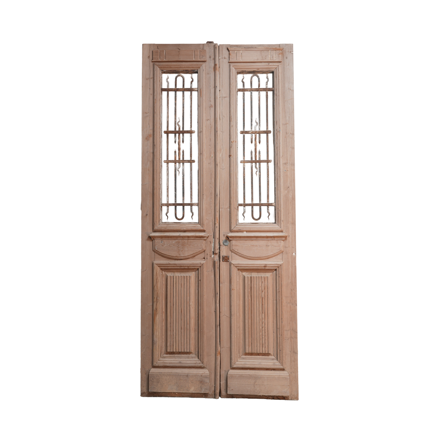 Pair of wooden double doors with glass panels on a white background