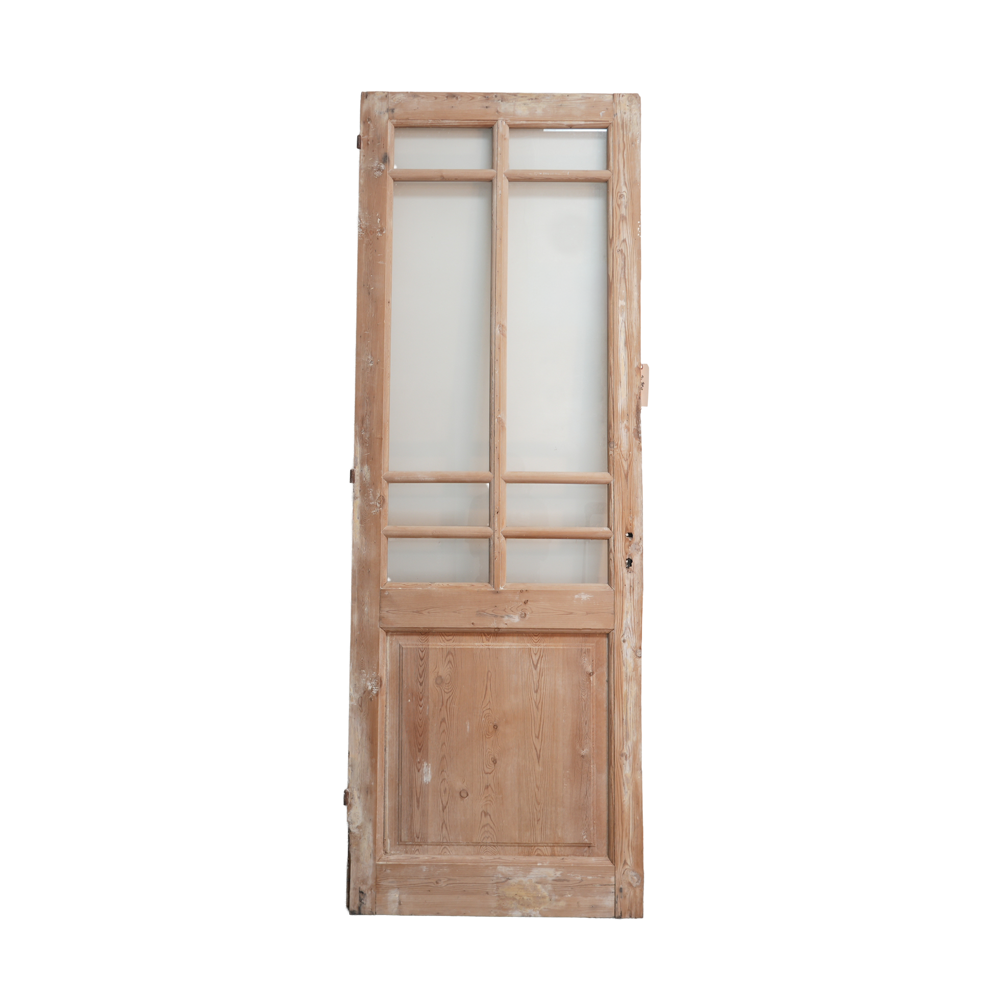 Wooden door with glass panels on a white background
