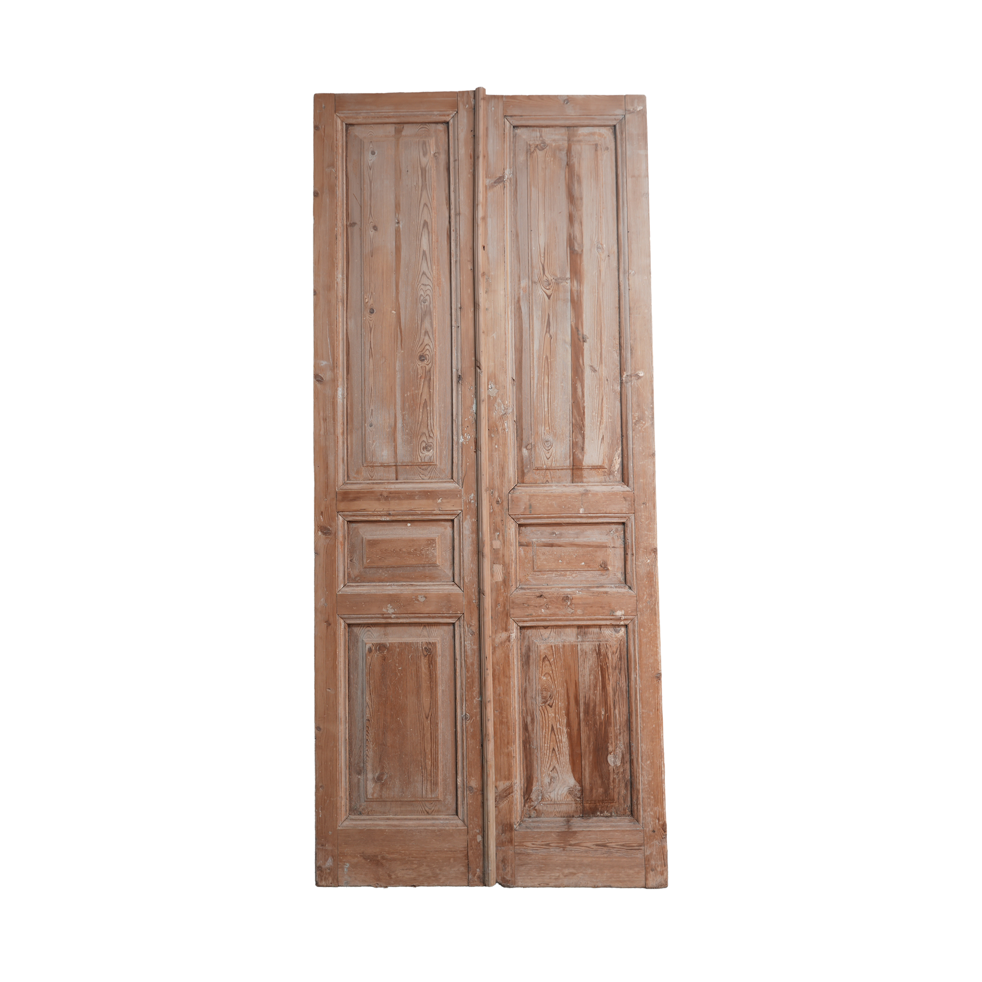 Pair of wooden doors with a rustic finish on a white background