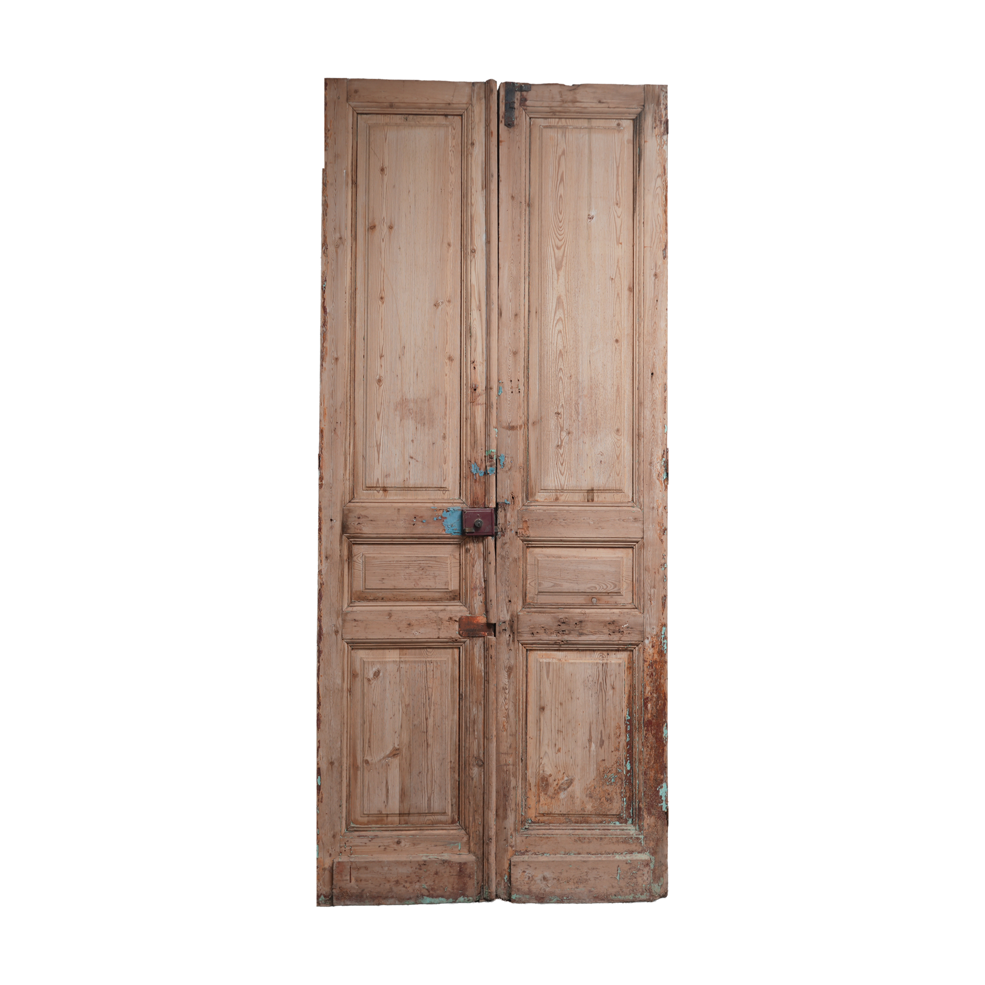 Pair of wooden doors with a vintage appearance on a white background