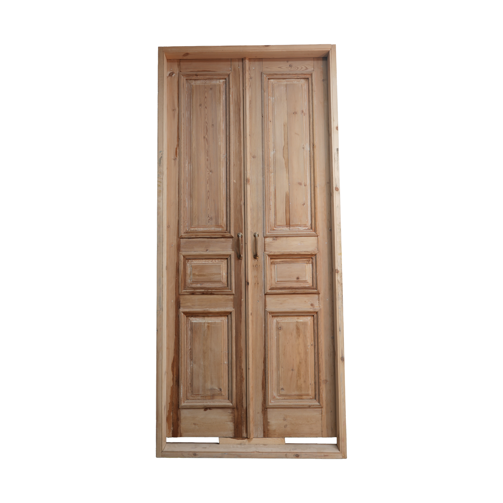 Wooden double door with panel design on a white background