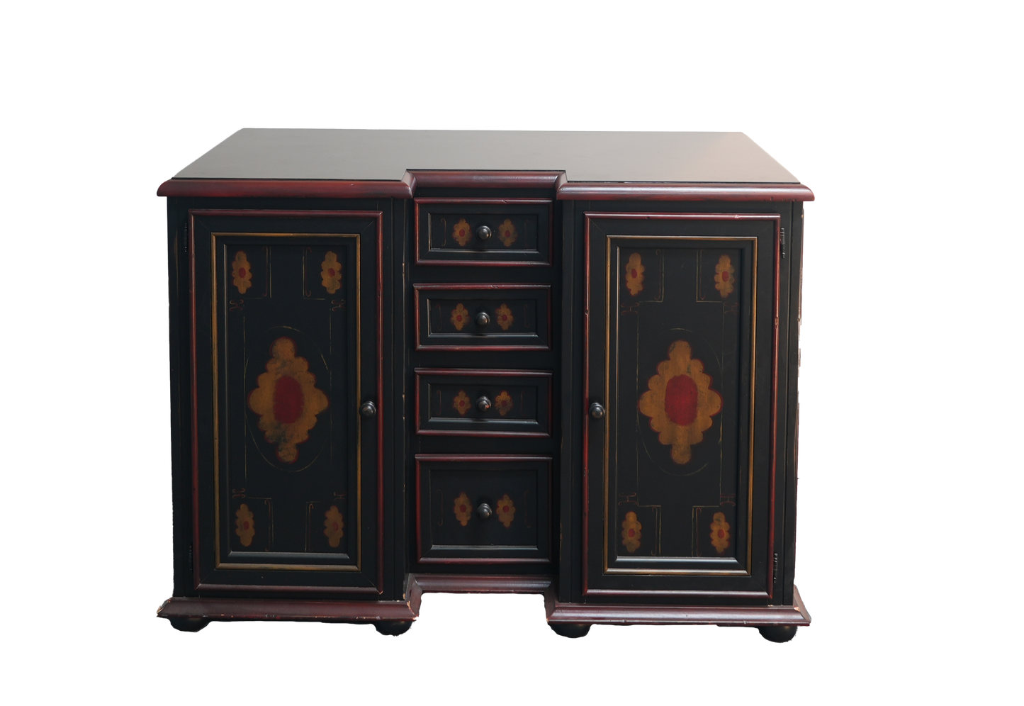 Black wooden cabinet with decorative elements on a white background