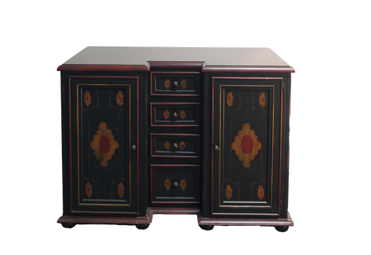 Black wooden cabinet with decorative elements on a white background