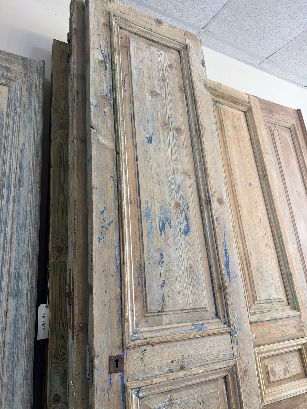 Antique French Door with Raised Panels and blue paint 46x105x1.75