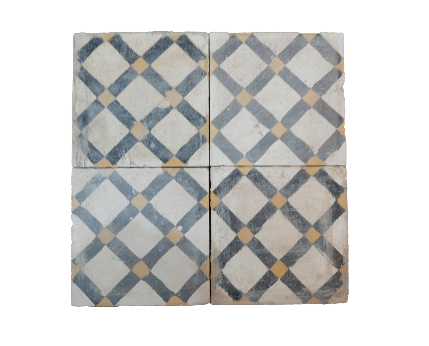 Four square tiles with geometric pattern on a white background
