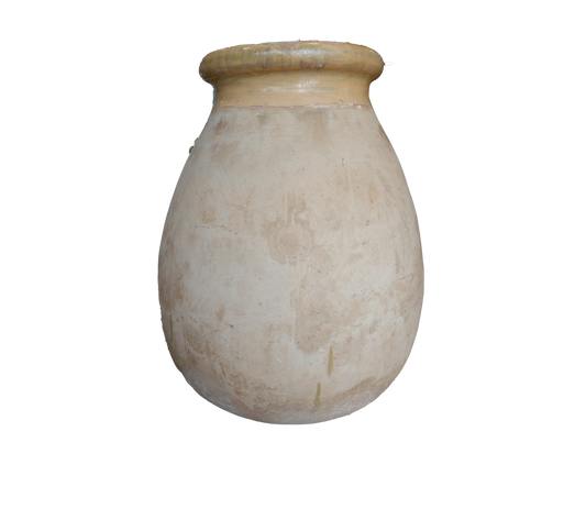 Beige ceramic pot on a white background. French olive Jar