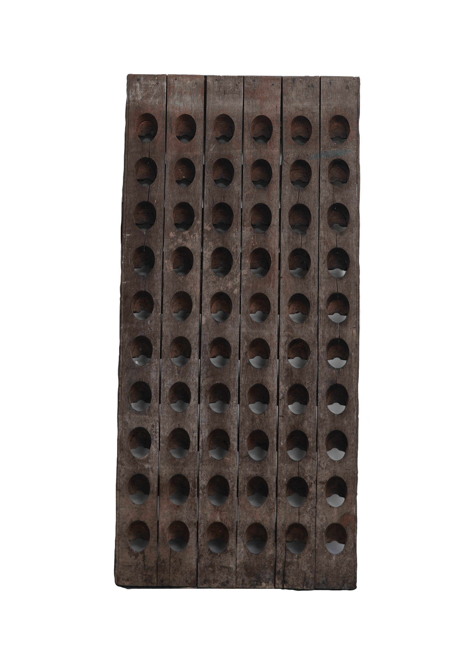 Wooden wine rack with multiple holes on a white background
