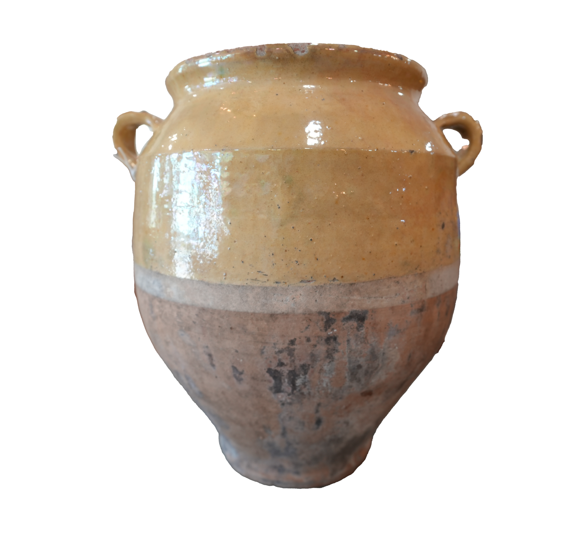 Brown ceramic jar with two handles on a white background