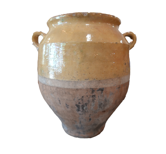 Brown ceramic jar with two handles on a white background