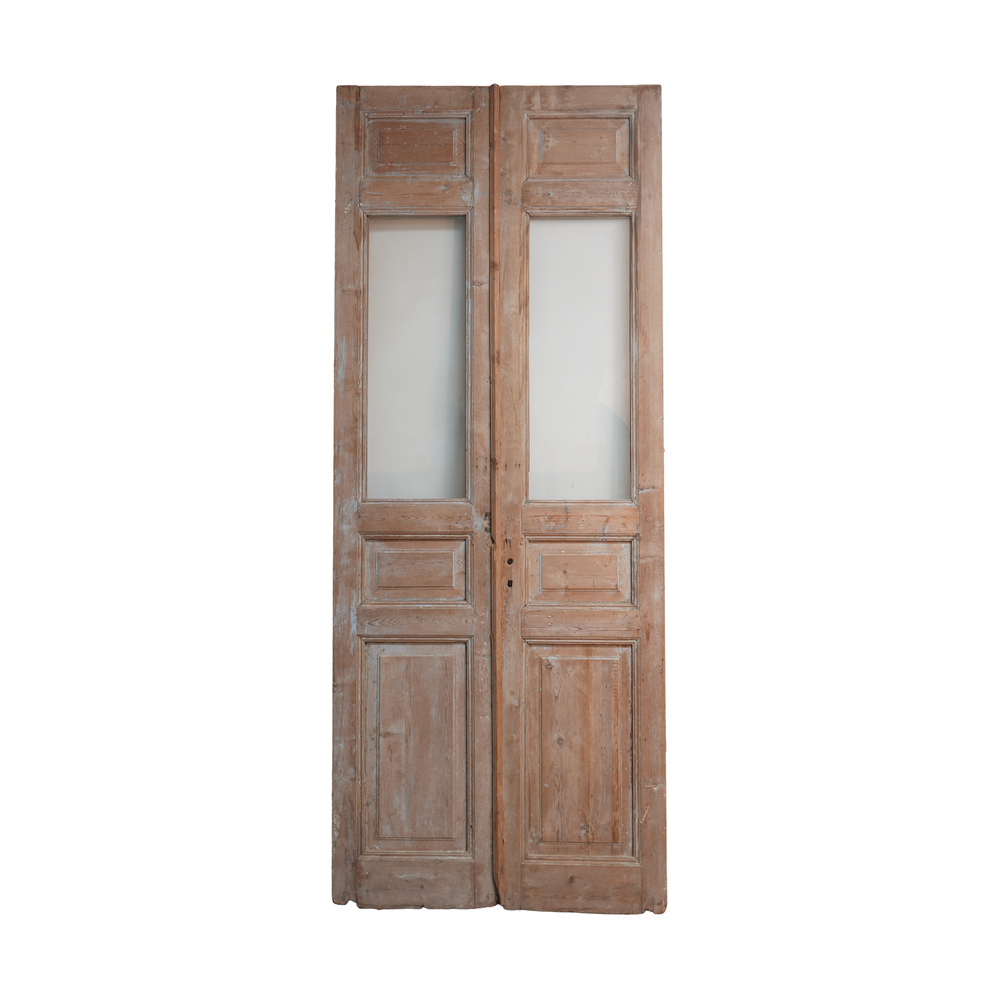 Pair of wooden doors with glass panels on a white background