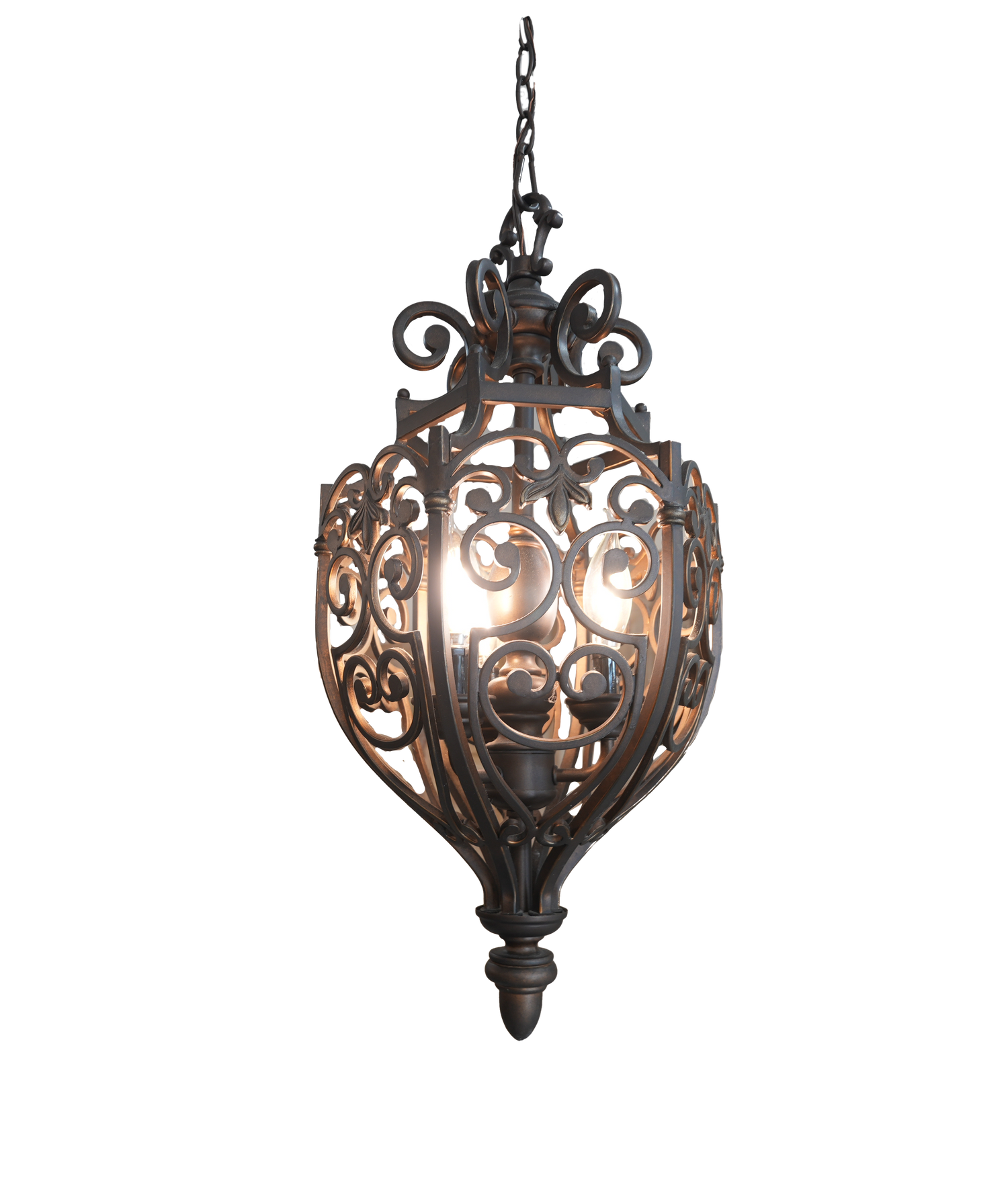 Decorative hanging lantern with intricate metalwork on a white background