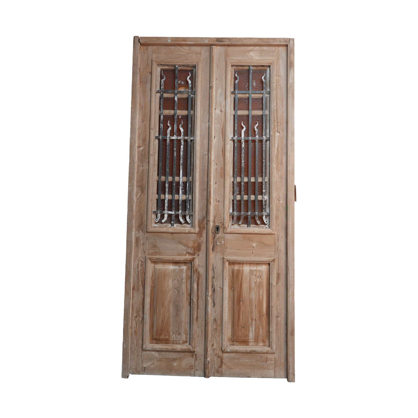 Pair of wooden doors with glass panels and metal grills on a white background