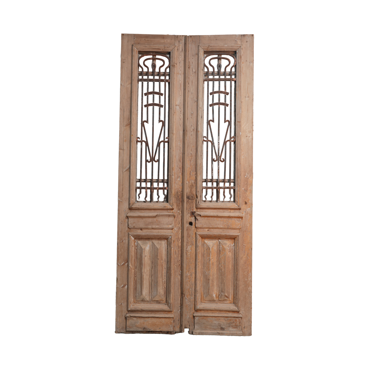Pair of wooden doors with glass panels on a white background